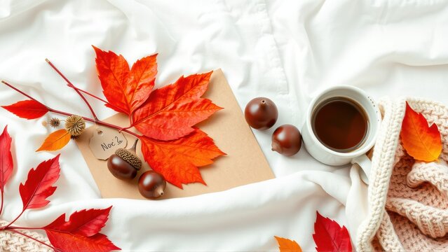 Autumn scene. Red leaves, chestnuts, coffee cup rest upon white bedding. Cozy November vibes present. Simple, warm aesthetic.