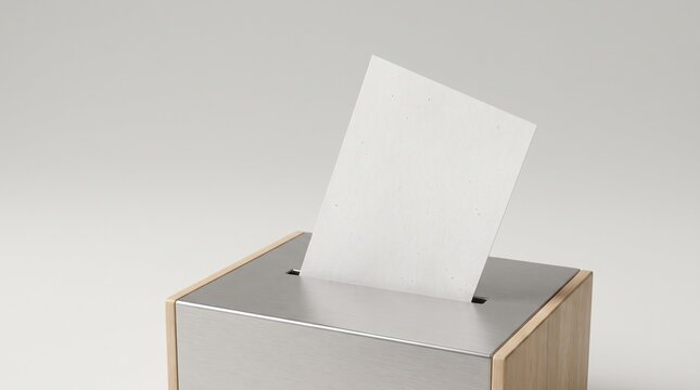 Wooden and metal ballot box with a blank white voting paper inserted on a clean white background