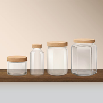 Vector set of Clear Glass Storage Jars in different sizes with Wooden Lids arranged on a rustic wooden surface