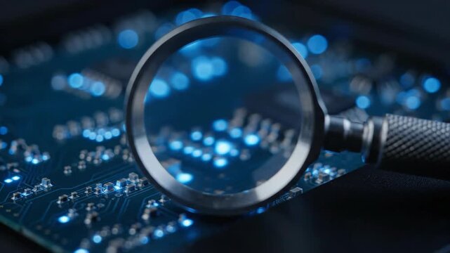 Magnifying glass examines glowing blue circuit board with detailed microscopic examination and technological exploration