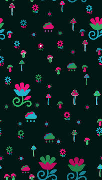 Stylized pattern of mushrooms, flowers, sun, and rain clouds