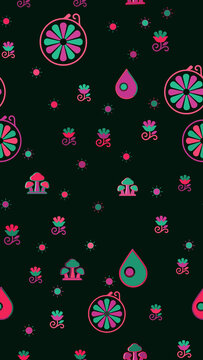 Stylized pattern with fruits, flowers, and mushrooms