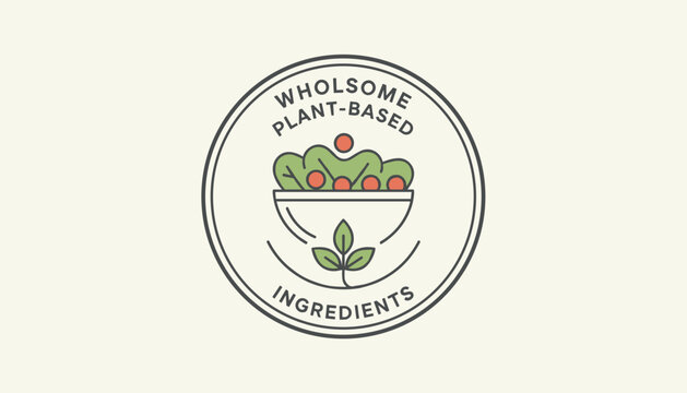 Wholesome plant based ingredients stamp design containing a bowl of fresh salad and green leaves for organic food labels.