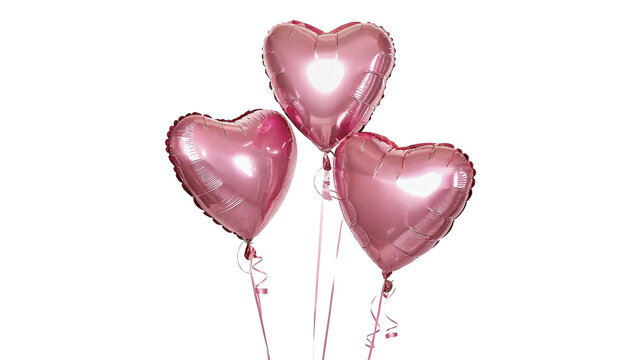 Three pink metallic heart shaped helium balloons floating together isolated party decoration