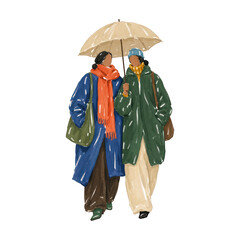 Fototapeta premium Two women walking under umbrella, PNG transparent background, diverse urban fashion