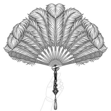 Hand drawn sketch of elaborate ostrich feather fan. 3/4 view.