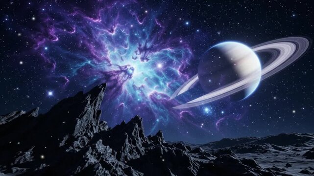 Cinematic alien planet surface with glowing purple nebula and giant ringed planet in deep space, seamless motion video background