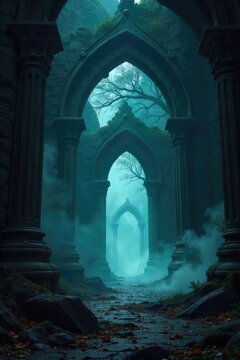 A shadowy, mystical scene with gothic architecture, swirling mist, and an ancient, ornate archway Perfect for fantasy, dark romance, or occult-themed projects , desolate, mood