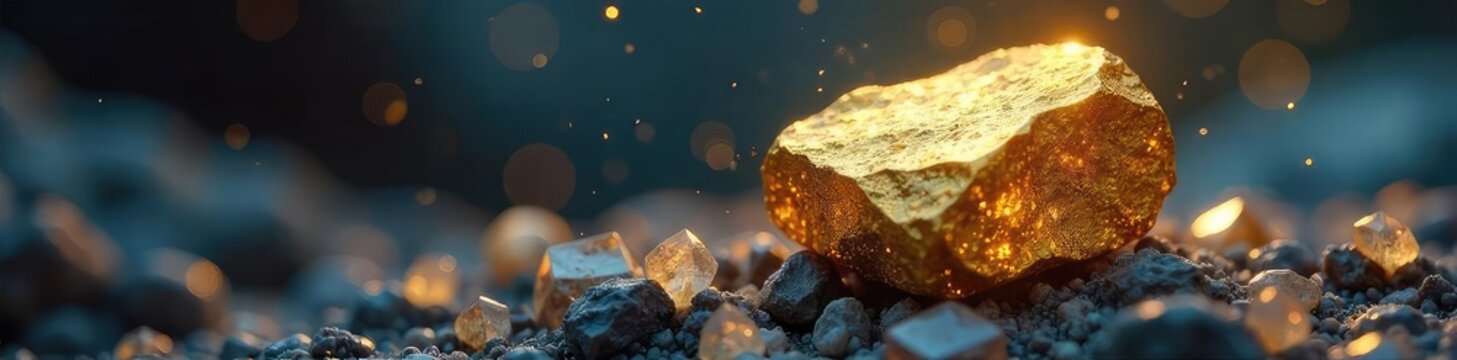 A shimmering golden nugget rests on a bed of sparkling crystals, representing the rare and valuable discovery of innovative ideas and groundbreaking solutions , ambition, innovation