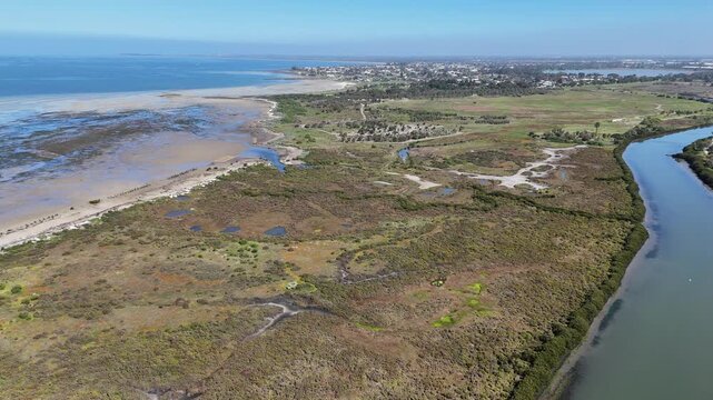 Saltmarsh wetlands, coastal scrub at Altona Coastal Park,&nbsp;and the winding Kororoit Creek channel flowing into Port Phillip Bay alongside shallow intertidal mudflats. Melbourne, Victoria, Australia