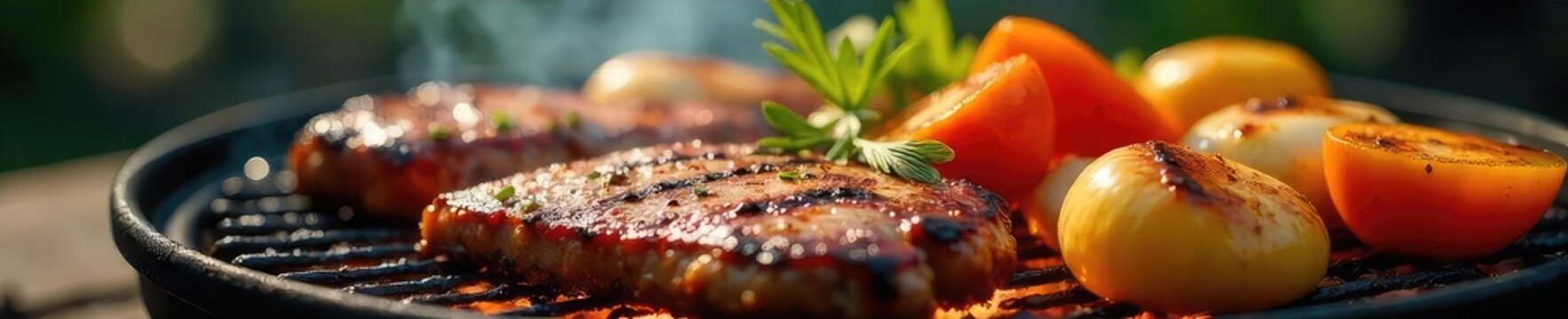 A sizzling barbecue feast, complete with juicy grilled meats and vibrant vegetables, ready to be devoured Enjoy the smoky aroma and delicious flavors of summer grilling , cookout, hot, protein