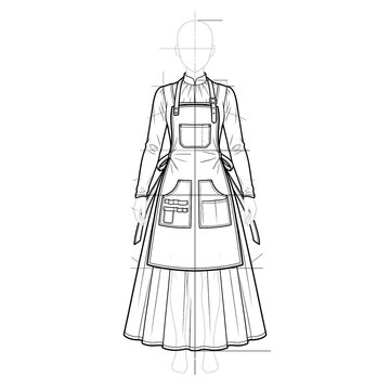 Hand drawn sketch of artisan leather apron dress. Front view.