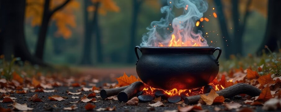 A spooky Halloween witch's cauldron bubbling over a crackling fire, surrounded by autumnal leaves and mystical objects Perfect for Halloween, autumn, witchcraft, and fantasy themes , mystical, magic