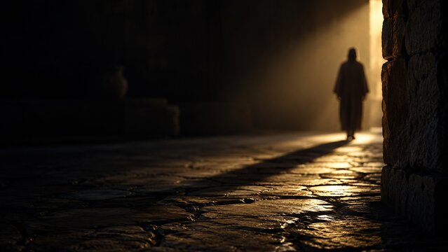 Silhouette of man in robe walking from darkness toward golden light on ancient stone street. Biblical scene of spiritual awakening and step from shadow into hope.
