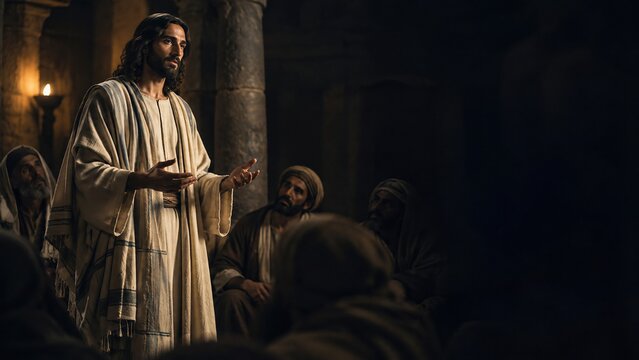 Jesus preaching to his disciples in ancient temple. Man in biblical robe speaking with open hands in candlelight setting. Religious teaching, faith and gospel message concept.