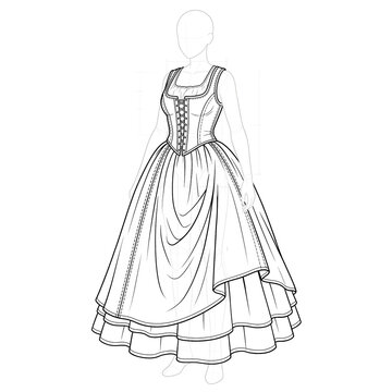 Hand drawn sketch of heavy winter peasant dress. Front view.