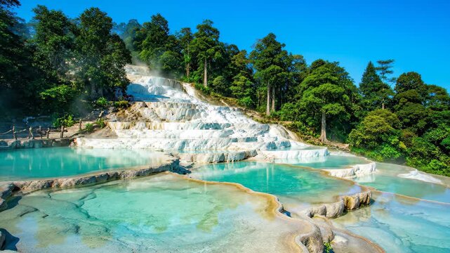 The blue-green calcification pool landscape surrounded by green mountains, a fairy-like calcification