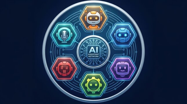 Artificial intelligence robot icons arranged in circular digital interface.