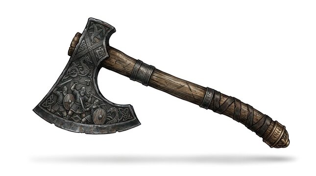 Ancient battle axe with ornate handle and engraved head isolated