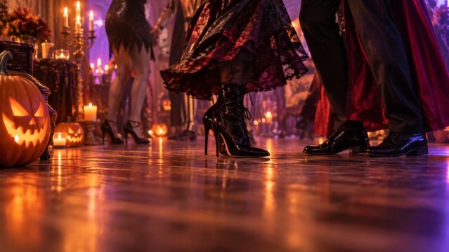 Legs of woman and man dancing at Halloween party in spooky costumes. Jack o lantern pumpkins and burning candles illuminate dark hall.
