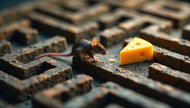 Tiny Mouse Navigates Intricate Maze, Strategic Journey to Cheese, Problem-Solving Concept