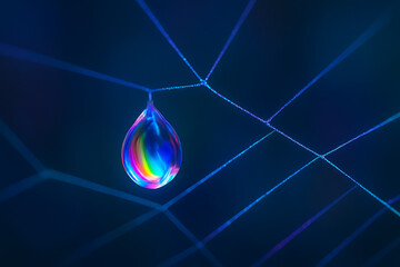Obraz premium Abstract rainbow droplet with glowing web lines on dark blue digital background