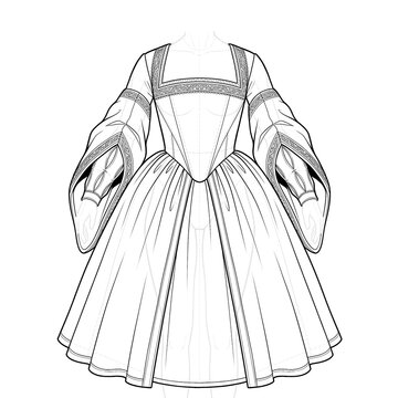 Hand drawn sketch of Tudor gown structured for French hood. Front view.