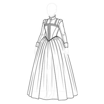 Hand drawn sketch of dark mourning Tudor gown. 3/4 view.