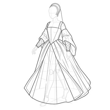 Action pose sketch of Tudor gown structured for French hood. Ink illustration.
