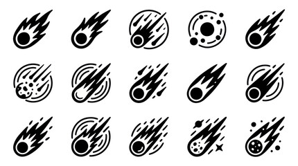 Set of various comet and meteor icons in a simple black and white style. © peony