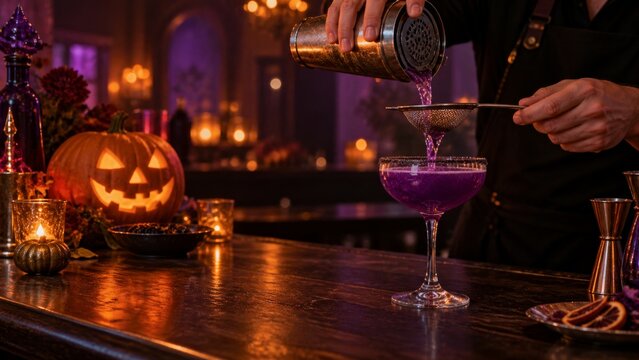 Bartender man pouring purple cocktail through strainer into glass at dark bar with jack o lantern pumpkin and candles. Spooky Halloween party drink preparation scene.