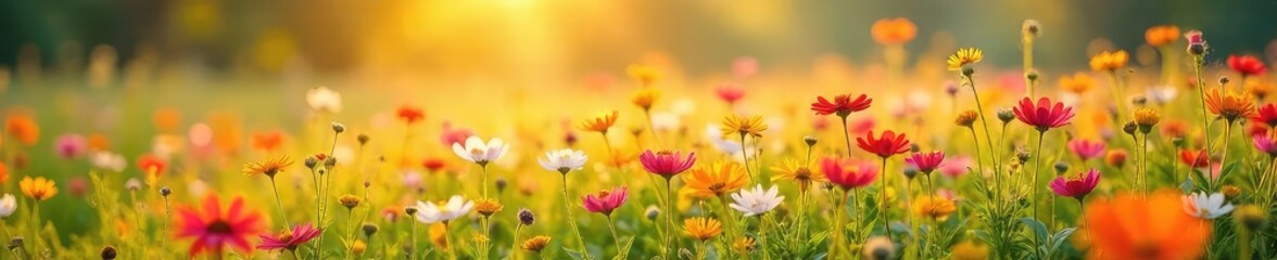 Fototapeta premium A vibrant field of wildflowers basking in the warm spring sunlight, gentle breeze rustling through the petals Perfect for themes of freedom, renewal, and joyful energy , happy, peaceful
