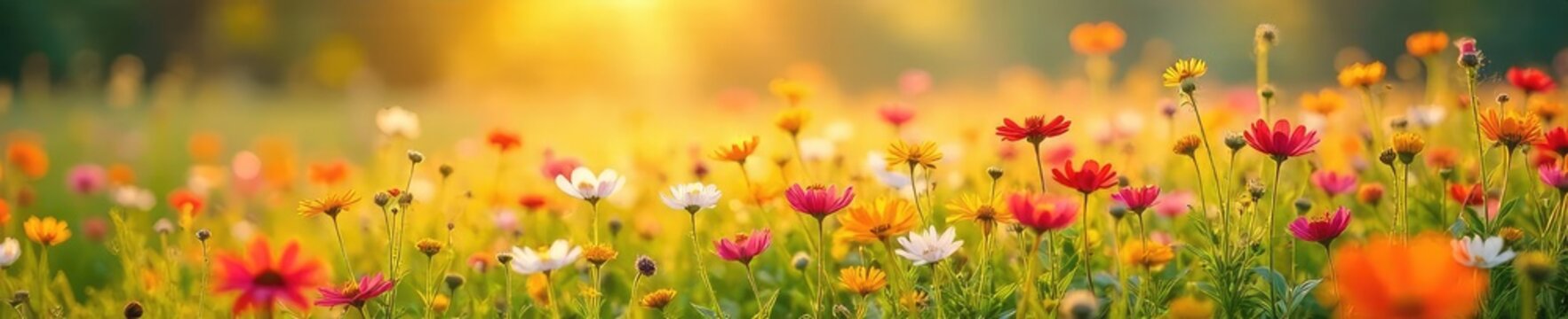 A vibrant field of wildflowers basking in the warm spring sunlight, gentle breeze rustling through the petals Perfect for themes of freedom, renewal, and joyful energy , happy, peaceful