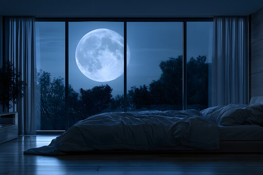 Serene bedroom interior with large moonlit window view at night