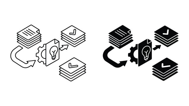 Isometric document processing workflow and idea implementation icons