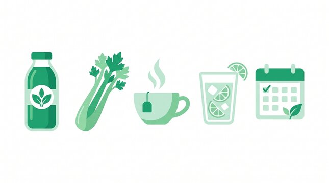 Green Juice Detox Wellness Flat Vector Icon Set