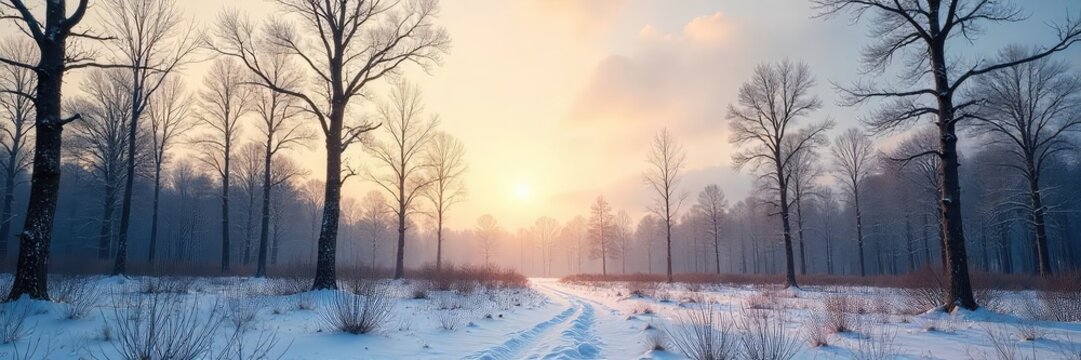 Stark, leafless trees stretch towards a pale winter sky in a desolate, bare forest Sunlight filters weakly through the branches, casting long shadows on the barren ground , woods, winter forest