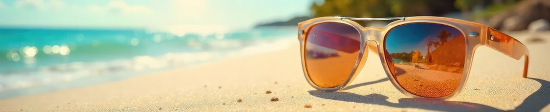Stylish summer sunglasses reflecting vibrant sunlight on a sandy beach, creating a cool and glamorous vibe  Perfect for travel, vacation, and summer fashion promotions , brown, eyewear, travel