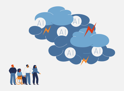 AI danger concept with people and big dark cloud with lightings. Small men and women under storm of artificial intelligence.Modern technology and mental physical health. vector illustration