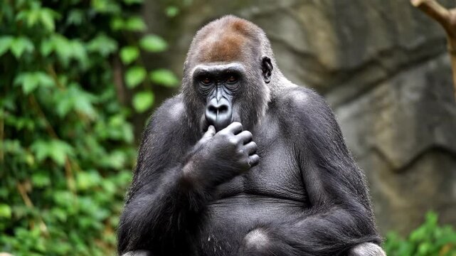 Close-up of a gorilla sitting still, close-up of a gorilla thinking