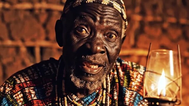 Elderly African storyteller wearing traditional beaded attire speaks animatedly beside burning kerosene lantern inside rustic hut under warm dim atmospheric lighting during evening.