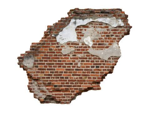 Damaged red brick wall fragment with crumbling plaster and exposed bricks isolated on transparent background