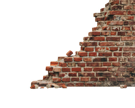 Fragment of a weathered red brick wall with crumbling edges isolated on transparent background