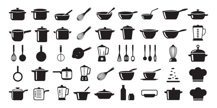 Collection of kitchenware icons including pots pans blenders and utensils for culinary design and cooking themes.