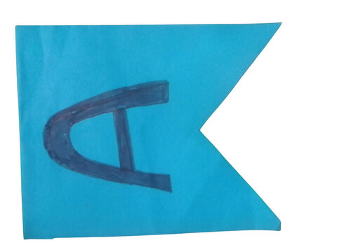 Blue triangular flag with a dark blue letter a printed on the surface isolated on transparent background