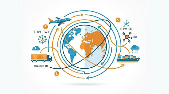 Global trade and logistics infographic with world map.
