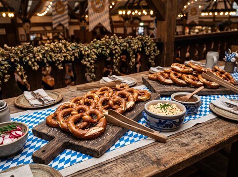 Pretzel buffet boards with cheese spreads and radishes in pub hall