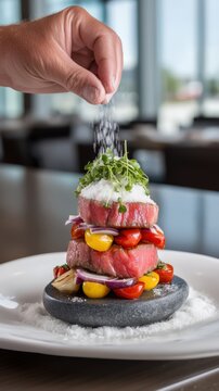 Chef hand seasoning gourmet seared tuna steak stack with cherry tomatoes and onion