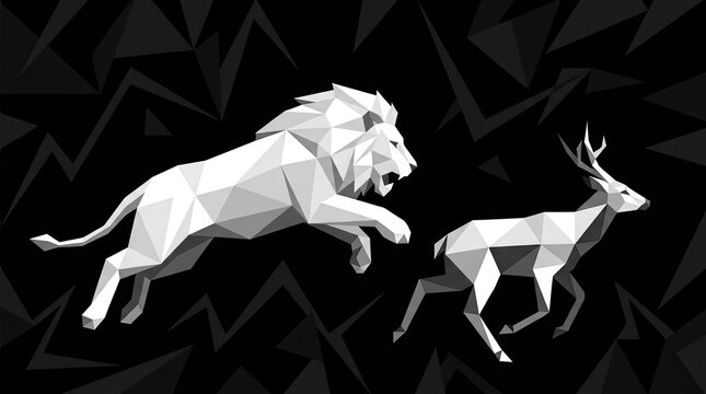 Low poly white lion chasing deer on black.
