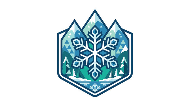 Winter mountain shield badge with snowflake and forest